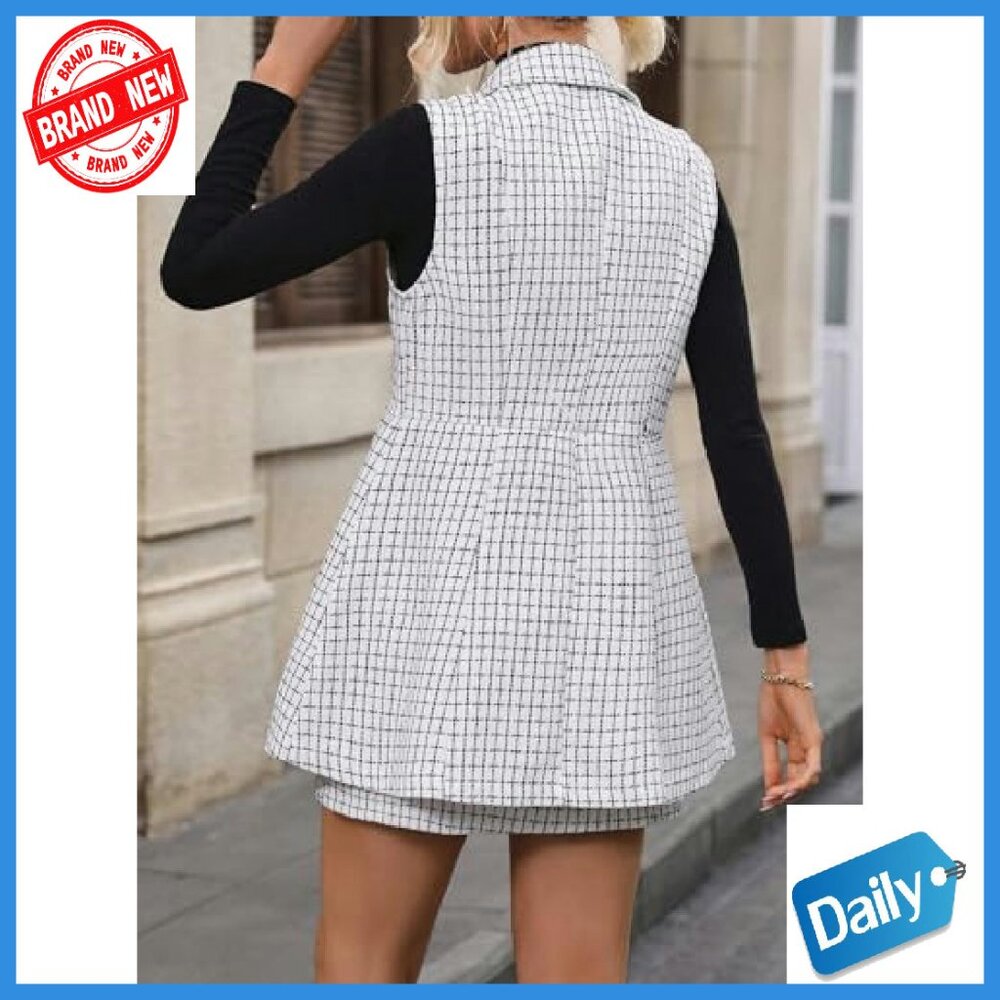 Women's Plaid Vest Blazer Skirt Set Workwear Office Business Casual - Picture 3 of 8